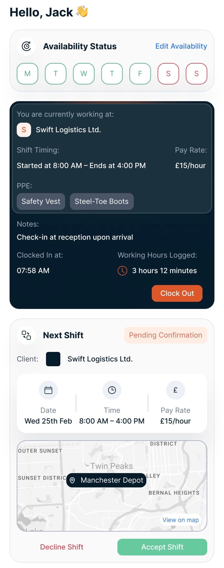 ShiftLink mobile app — showing dashboard, GPS clock-in, availability, shifts, compliance, timesheets and payslips