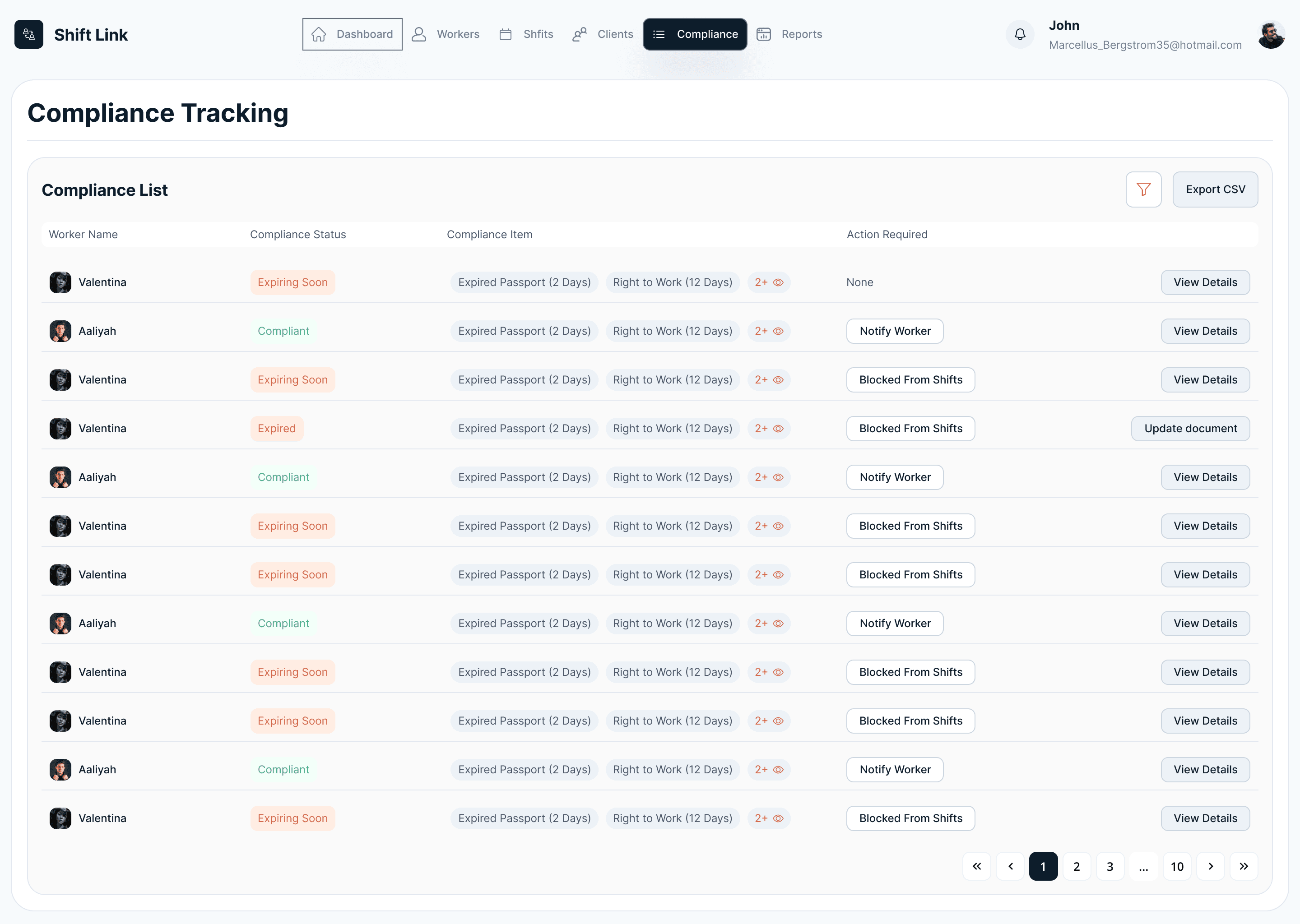 ShiftLink compliance tracking — real-time document status list with expiry alerts